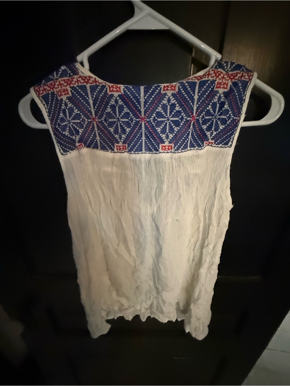Solitaire White Sleeveless Tank with Blue Embroidered Yoke - Picture 4 of 5